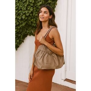 Patricia Nash Lione Leather Double Handle Pleated Satchel Beige Taupe Tote Bag